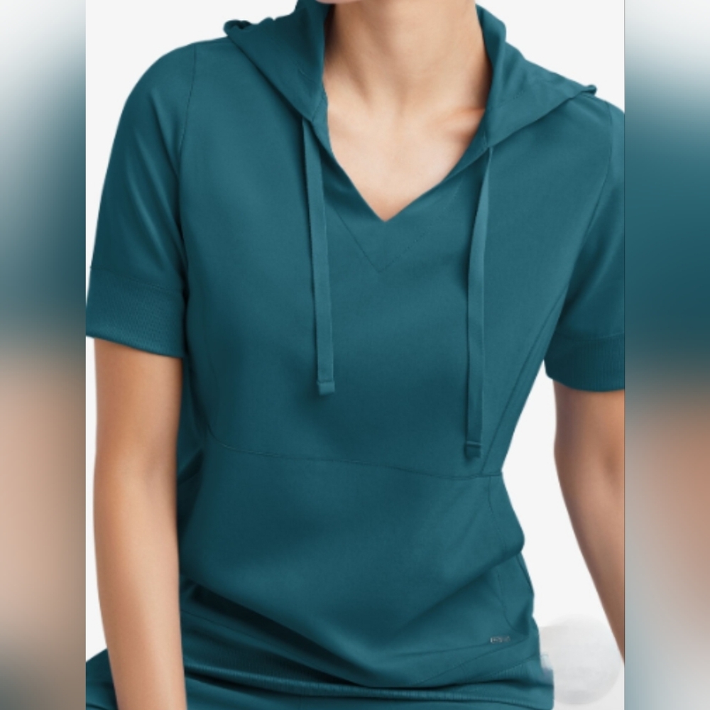Short Sleeve Hoodie In Carribean Blue Scrub Top W/ Matching Joggers